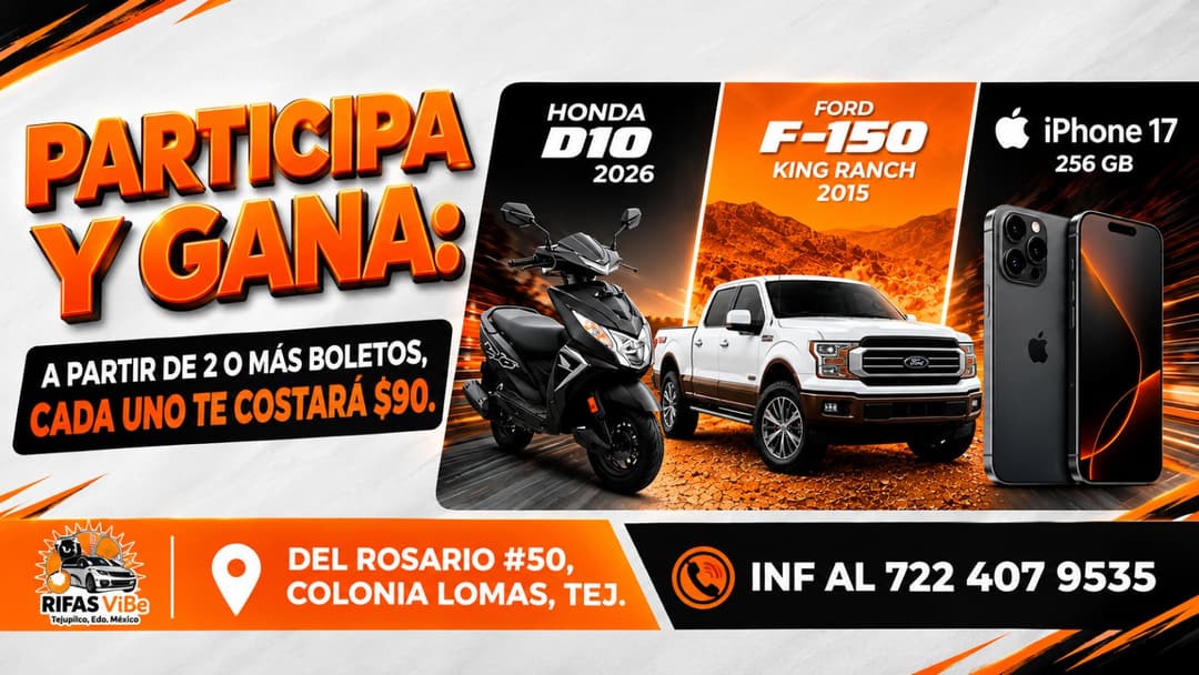 “¡ GRAN SORTEO DE LUJO: GANA UNA FORD KING RANCH 2015, UNA MOTO HONDA DIO 2026 O UN iPHONE 17 ”